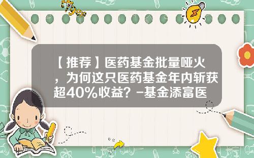 【推荐】医药基金批量哑火，为何这只医药基金年内斩获超40%收益？-基金添富医药